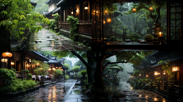 初夏，到了晚上，中式园林建筑风格，古色古香的灯笼，潮湿的空气在潮湿的璐璐地面上，种上一片竹子，一杯茶，一本书，一棵长满柿子的树，看着窗外花开花落，听着雨打竹叶，远处雾，微距镜头，唯美意境，高清画质，