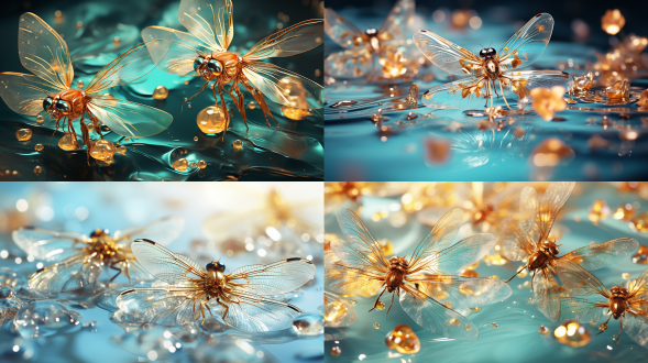 几只金色蜻蜓飘落，水魔法特写, 水中金箔, 金色勾勒, 平面摄影, 金色空灵光, 水滴, 蒂夫尼蓝色, 白色, 流动的水, 闪亮的表面, 高清32k
