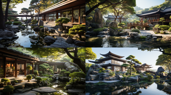 中式别墅后花园，围墙环绕，风雨亭，太湖石假山，红檵木，小溪流，松树，竹子，中式庭院风格，早晨太阳，薄雾，超清晰，超细节，自然光，远景，静谧，生机勃勃，古朴典雅，现代中式，照片写实，人物视角，园林，冷光，镜头光晕，丁达尔效应，森林。 摄影纪实 城市 人物视角 白绿 木制 丁达尔效应 梦幻灯光 阳光照射 虚化 三分法构图 园林 儒家文化