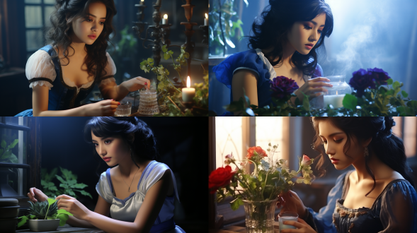 a 20-year-old asian woman,low cut clothing,snow white,very beautiful,with smooth and firm skin. she was adding a mysterious blue plant to a glass of hot water in her villa. smoke rises from the cup while the flowers glow a grey-blue. using 4k 35mm footage, realistic style, applied contrast, ultra-detailed.hd16k