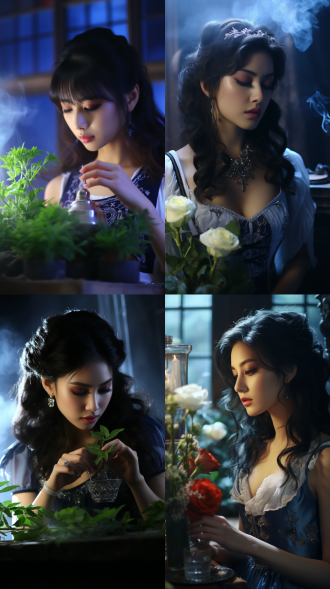 a 20-year-old asian woman,low cut clothing,snow white,very beautiful,with smooth and firm skin. she was adding a mysterious blue plant to a glass of hot water in her villa. smoke rises from the cup while the flowers glow a grey-blue. using 4k 35mm footage, realistic style, applied contrast, ultra-detailed.hd16k