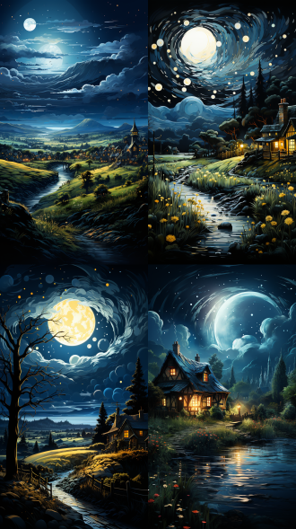田野，溪流，房屋，家乡，灯光，夜景，月光，星空，梵高画风格，环境明亮，简约自然，全景视角，8k，高分辨率，高清质量 象牙白