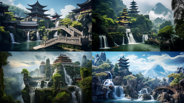 瀑布风景，宝塔东亚建筑，山云环绕，鸟飞翔，树影婆娑，无人之境，自然与建筑和谐，天空蔚蓝，长曝光水流柔滑，广角镜头，远景构图，高动态范围，自然光，宁静致远。
