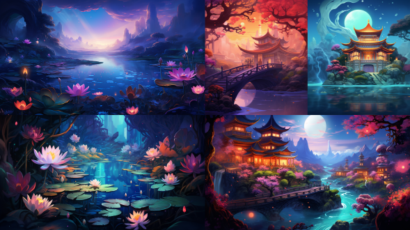 梦幻风格，中国风壁纸，灵感自tim hildebrandt，由thomas kinkade启发，小池塘景观，jeremiah ketner作品，rossdraws漫画色彩，oculus quest 2，artstation热门，dribbble趋势，银狐艺术，荷花，壁画，绘画，充满活力。