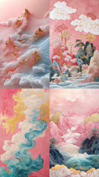 gold inlaid jade carving, an ultra wide shotof pink and blue waves with golden lines,mountains composed of clouds, in the styleof a chinese landscape painting, soft colorsa pink background, white smoke, white goldpowder, meticulous brushwork, soft lightand shadow, and exquisite details. gold foilis scattered on the picture surface, adding tothe overall beauty