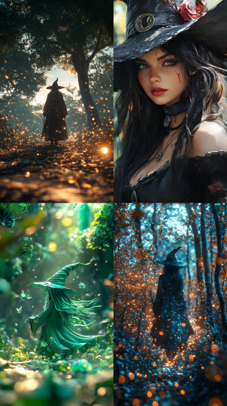 动漫3d风格，超写实油画，神秘女巫在森林中施展魔法，五官清晰，辛烷渲染，光线追踪，景深，超级细节