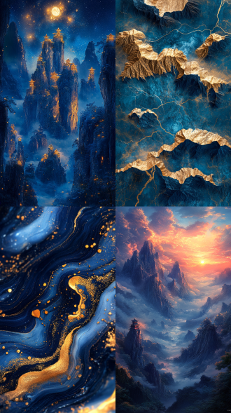 蓝色金色山水画，细节丰富，广角镜头，流动摄影，传统风格，壮丽景色，电路板效果，发光，中国风格，千山万水，3d插图，蓝金配色，宏伟，色彩丰富。