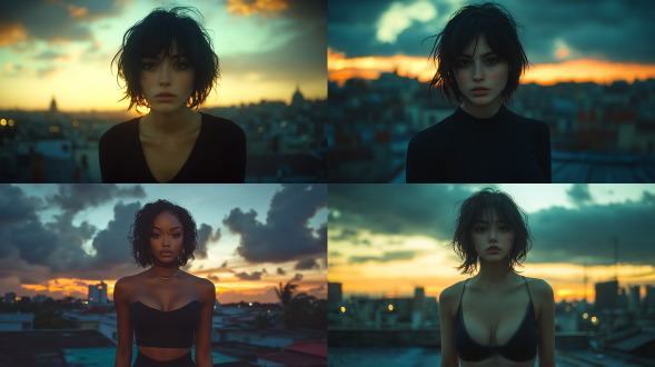正面摄影，看前方，全身照，短发，傍晚，乌云，夕阳，城市屋顶，20岁女性，黑色上衣，黑色紧身裤，黑发，暗色调，柔和色调，高对比度，自然肤色，昏暗光线，高清晰度，天空背景，面部高光，广角镜头，侧光，静态，沉思。