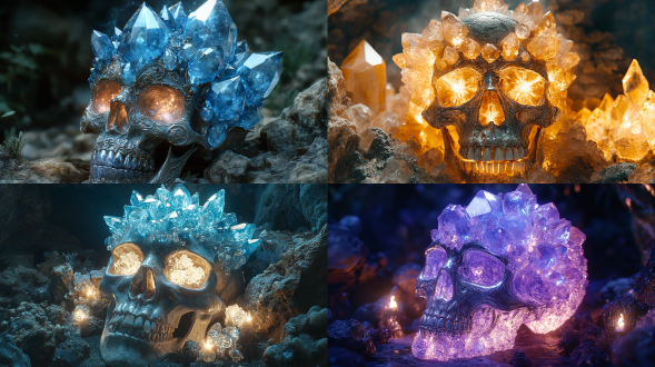 an ornate skull is decorated with auraquartz crystals. lit by torchlight. in a crystal cavern. 1024✖1024