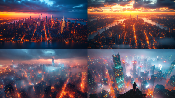 奇异光芒击中城市，俯视角度，科幻风格，夜空，冷暖色调对比，长焦镜头，逆光，光晕效果，震撼，神秘。