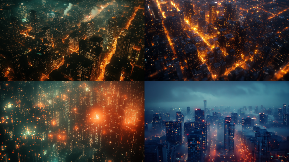 奇异光芒击中城市，俯视角度，科幻风格，夜空，冷暖色调对比，长焦镜头，逆光，光晕效果，震撼，神秘。