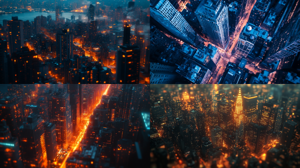 奇异光芒击中城市，俯视角度，科幻风格，夜空，冷暖色调对比，长焦镜头，逆光，光晕效果，震撼，神秘。