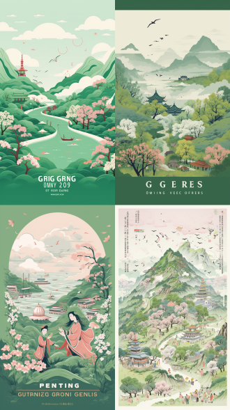 清明节海报，春雨润山，绿树成荫，远山朦胧，传统服饰，手持鲜花，祭祖扫墓，樱花盛开，粉瓣飘落，纸鸢点缀，绿意盎然，阴天背景，偶有细雨，彩色线条平涂风格，绿色调为主，俯瞰视角，梵高画风，天空俯视。