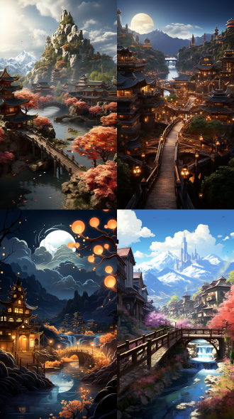 蓝金山水，细节丰富，广角镜头，流体摄影，传统风格，壮丽景色，电路板效果，发光，中国风，千山万水，3d插图，蓝金配色，壮丽，雄伟，丰富色彩。