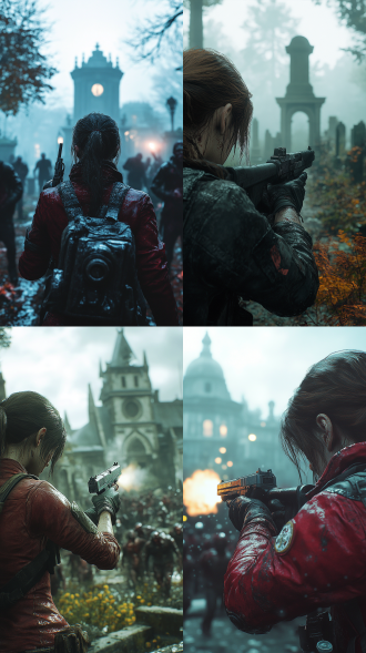 screengrab of a scene from the videogame resident evil from the movie by michael bay, claire redfield firing at raging horde of zombies, old misty cemetery, action scene photography, raw photo taken by slr sony alpha 7r v, establishing shot job id: f72c5740-457c-4dfd-a701-2289d207dc63 seed 1805656009