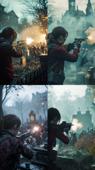 screengrab of a scene from the videogame resident evil from the movie by michael bay, claire redfield firing at raging horde of zombies, old misty cemetery, action scene photography, raw photo taken by slr sony alpha 7r v, establishing shot job id: f72c5740-457c-4dfd-a701-2289d207dc63 seed 1805656009