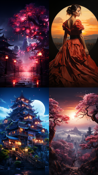 serene forest, enchanted waterfall, towering mountains, ethereal sunrise, blooming cherry blossoms