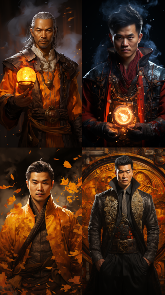 一个正面视角的亚洲术士，穿着帅气站在帝国的时空门前，手上操纵着火焰，目光坚定，看向前方