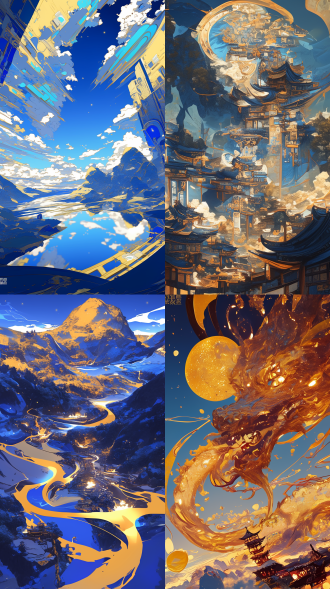 蓝金山水，细节丰富，广角镜头，流体摄影，传统风格，壮丽景色，电路板效果，发光，中国风，千山万水，3d插图，蓝金配色，壮丽，雄伟，丰富色彩。