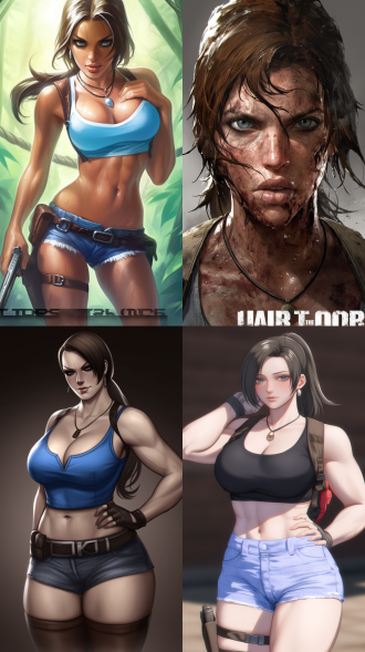 photorealistic image of lara croft (tomb raider), beautiful woman, long dark hair, loose ponytail, sweaty, earrings, necklaces, dirty aqua blue crop top, , short denim shorts, boots, backpack, holsters on thigh straps, pierced navel, no tattoos, walking carefully across a rickety rope bridge which bridges a chasm between two cliffs with a raging river below, in a humid, steamy tropical jungle, face in sharp focus, detailed face, detailed eyes, perfect hands, high detail, perfect composition, dramatic dim lighting, high contrast, viewed from the side,,in clothes