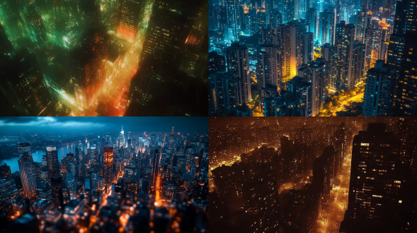 奇异光芒击中城市，俯视角度，科幻风格，夜空，冷暖色调对比，长焦镜头，逆光，光晕效果，震撼，神秘。