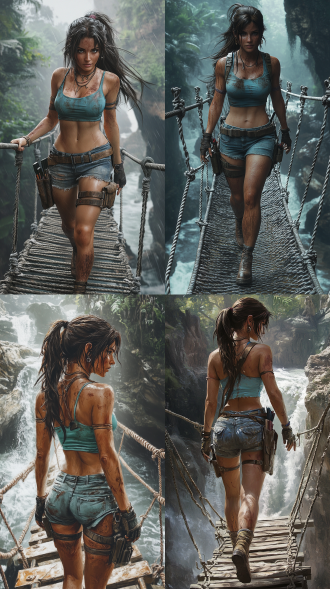 photorealistic image of lara croft (tomb raider), beautiful woman, long dark hair, loose ponytail, sweaty, earrings, necklaces, dirty aqua blue crop top, , short denim shorts, boots, backpack, holsters on thigh straps, pierced navel, no tattoos, walking carefully across a rickety rope bridge which bridges a chasm between two cliffs with a raging river below, in a humid, steamy tropical jungle, face in sharp focus, detailed face, detailed eyes, perfect hands, high detail, perfect composition, dramatic dim lighting, high contrast, viewed from the side