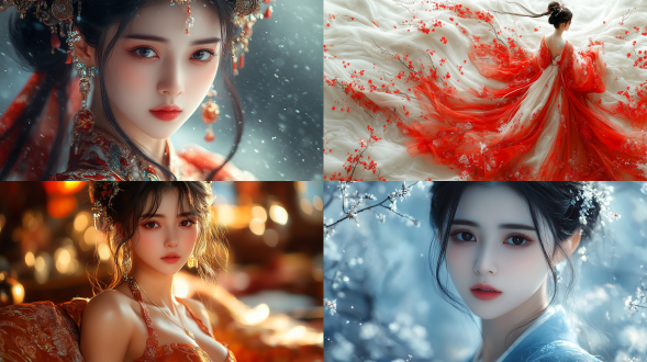 中国风，流光溢彩，画质清晰，华美端庄的古代美少女，全身写实视角，场景宏大，高清壁纸