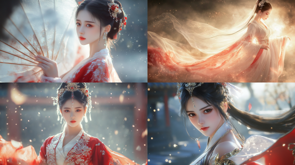 中国风，流光溢彩，画质清晰，华美端庄的古代美少女，全身写实视角，场景宏大，高清壁纸