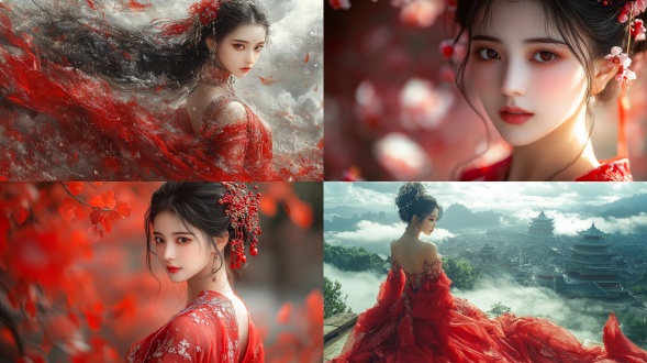 国风，流光溢彩，画质清晰，华美端庄的古代美少女，全身写实视角，场景宏大，高清壁纸，全身视角