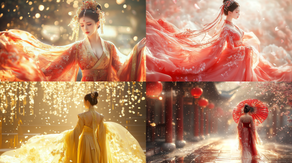 中国风，流光溢彩，画质清晰，华美端庄的古代美少女，全身写实视角，场景宏大，高清壁纸