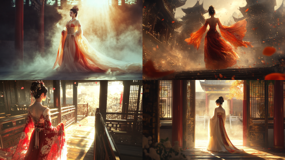 国风，流光溢彩，画质清晰，华美端庄的古代美少女，全身写实视角，场景宏大，高清壁纸，全身视角