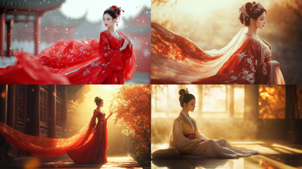 国风，流光溢彩，画质清晰，华美端庄的古代美少女，全身写实视角，场景宏大，高清壁纸，全身视角