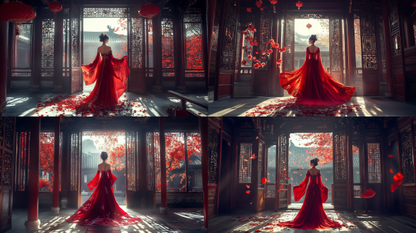 国风，流光溢彩，画质清晰，华美端庄的古代美少女，全身写实视角，场景宏大，高清壁纸，全身视角