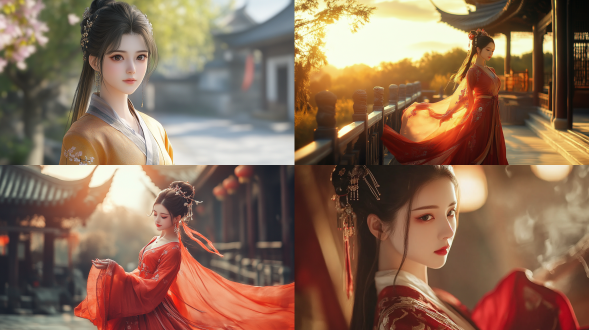 国风，流光溢彩，画质清晰，华美端庄的古代美少女，全身写实视角，场景宏大，高清壁纸，全身视角