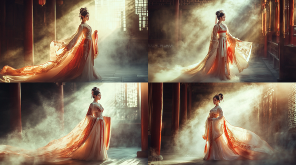 国风，流光溢彩，画质清晰，华美端庄的古代美少女，全身写实视角，场景宏大，高清壁纸，全身视角