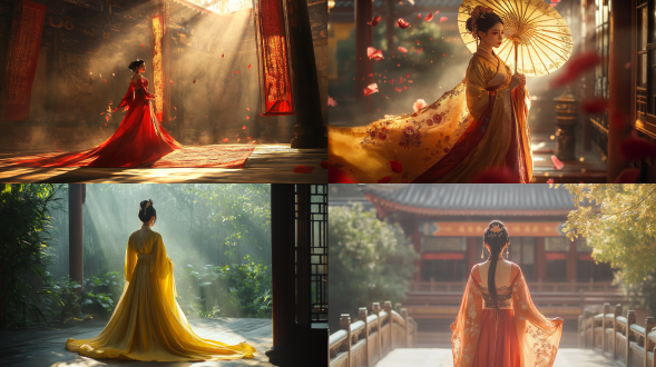 中国风，流光溢彩，画质清晰，华美端庄的古代美少女，全身写实视角，场景宏大，高清壁纸