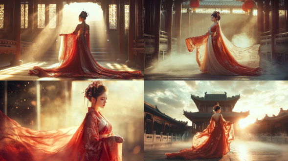 国风，流光溢彩，画质清晰，华美端庄的古代美少女，全身写实视角，场景宏大，高清壁纸，全身视角