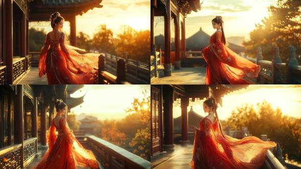 国风，流光溢彩，画质清晰，华美端庄的古代美少女，全身写实视角，场景宏大，高清壁纸，全身视角