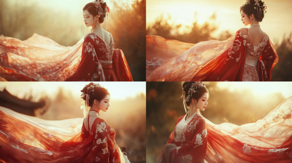 国风，流光溢彩，画质清晰，华美端庄的古代美少女，全身写实视角，场景宏大，高清壁纸，全身视角