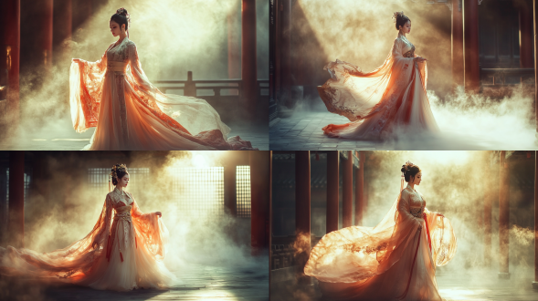 国风，流光溢彩，画质清晰，华美端庄的古代美少女，全身写实视角，场景宏大，高清壁纸，全身视角