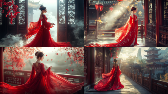 国风，流光溢彩，画质清晰，华美端庄的古代美少女，全身写实视角，场景宏大，高清壁纸，全身视角