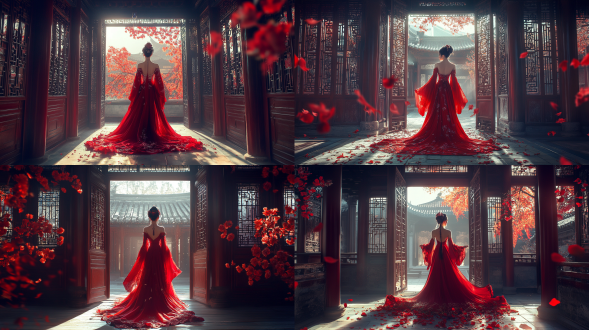 国风，流光溢彩，画质清晰，华美端庄的古代美少女，全身写实视角，场景宏大，高清壁纸，全身视角