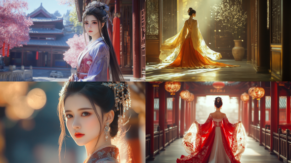 中国风，流光溢彩，画质清晰，华美端庄的古代美少女，全身写实视角，场景宏大，高清壁纸