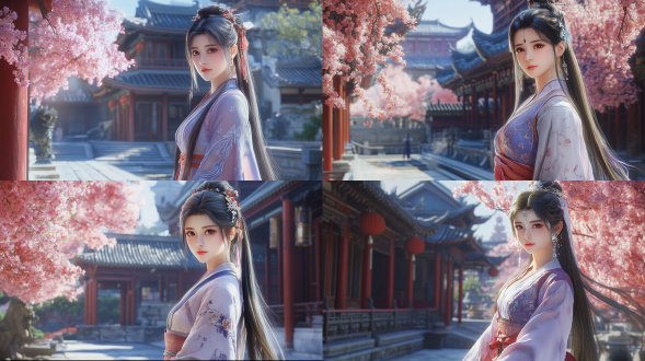 中国风，流光溢彩，画质清晰，华美端庄的古代美少女，全身写实视角，场景宏大，高清壁纸