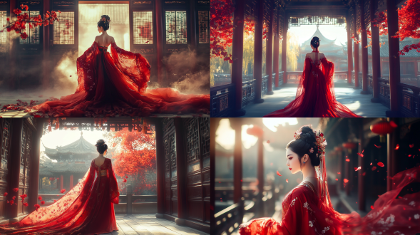 国风，流光溢彩，画质清晰，华美端庄的古代美少女，全身写实视角，场景宏大，高清壁纸，全身视角