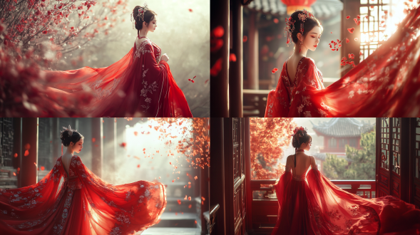 国风，流光溢彩，画质清晰，华美端庄的古代美少女，全身写实视角，场景宏大，高清壁纸，全身视角