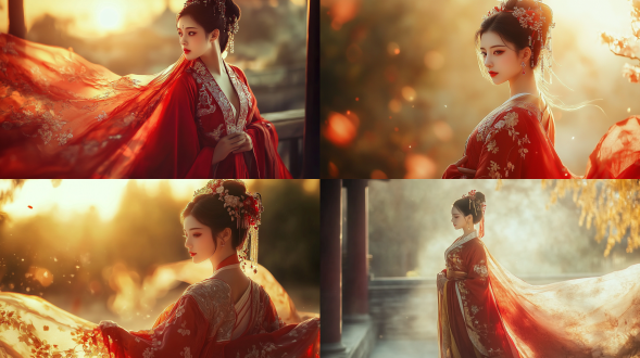 国风，流光溢彩，画质清晰，华美端庄的古代美少女，全身写实视角，场景宏大，高清壁纸，全身视角