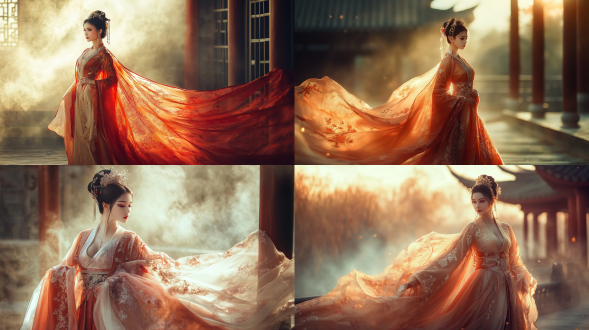 国风，流光溢彩，画质清晰，华美端庄的古代美少女，全身写实视角，场景宏大，高清壁纸，全身视角