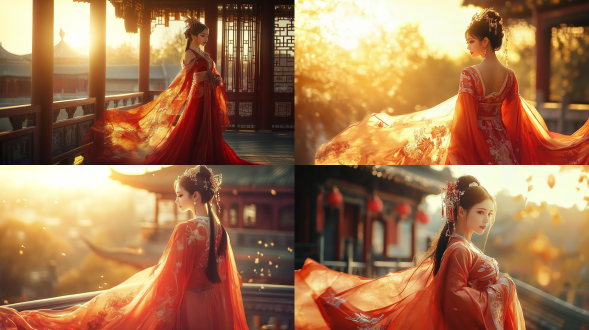 国风，流光溢彩，画质清晰，华美端庄的古代美少女，全身写实视角，场景宏大，高清壁纸，全身视角