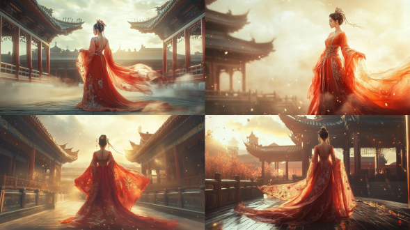 国风，流光溢彩，画质清晰，华美端庄的古代美少女，全身写实视角，场景宏大，高清壁纸，全身视角